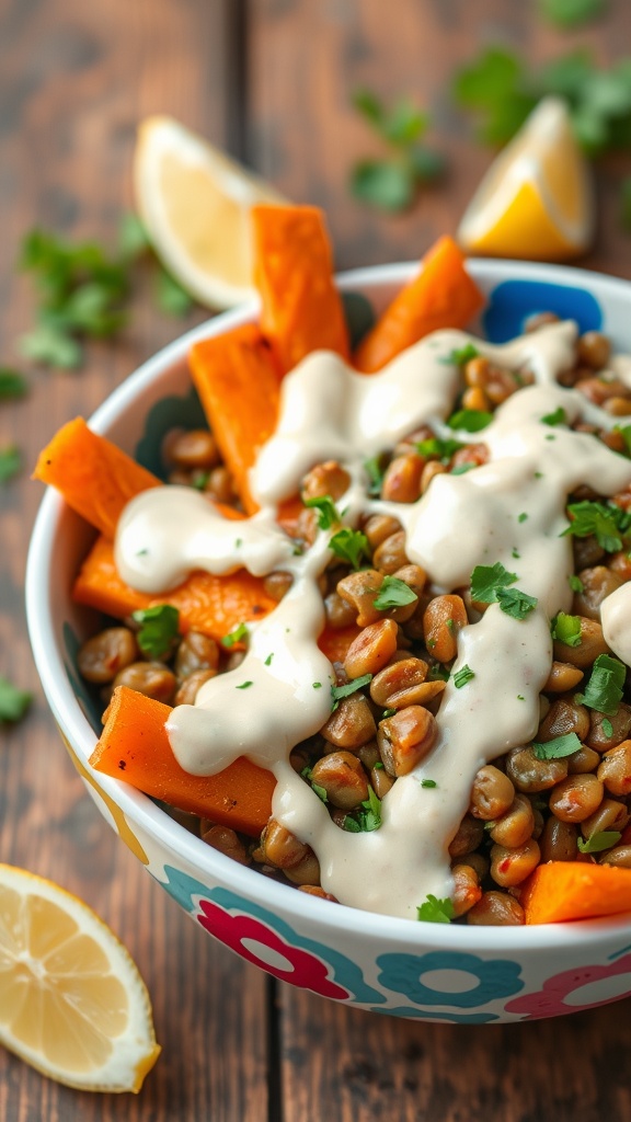 A vibrant bowl with herbed lentils, roasted carrots, and tahini dressing, garnished with fresh herbs.